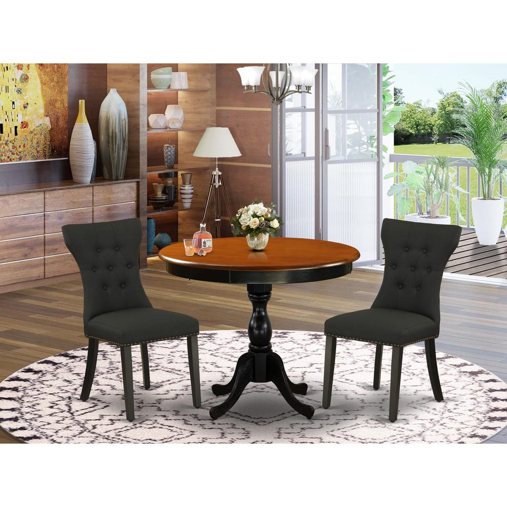 East West Furniture 3-Pc Dinning Room Set Includes a Wooden Table and 2 Black Linen Fabric Dining Room Chairs with Button Tufted Back - Black Finish. Picture 1