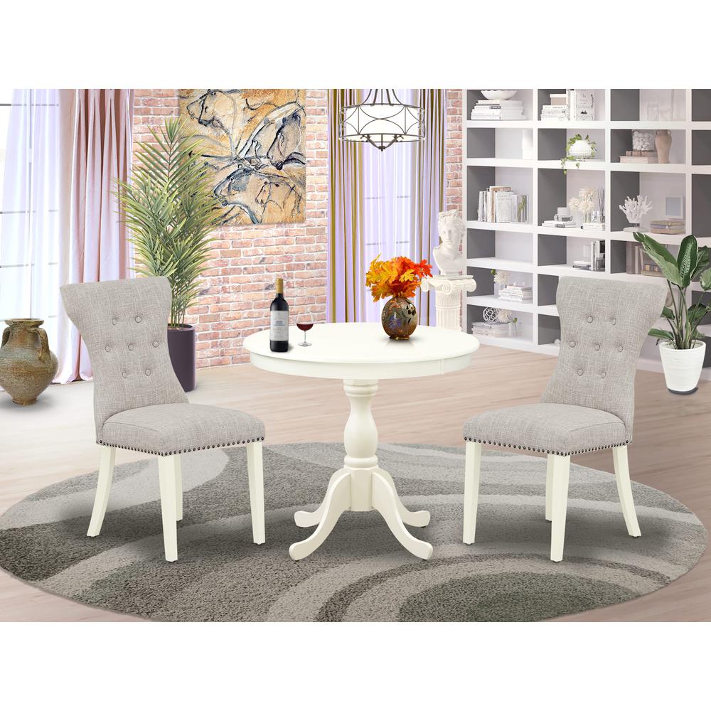 AMGA3-LWH-35 3 Pc Wood Dining Table Set - 1 Dining Table and 2 Doeskin Upholstered Chairs - Linen White Finish. Picture 1