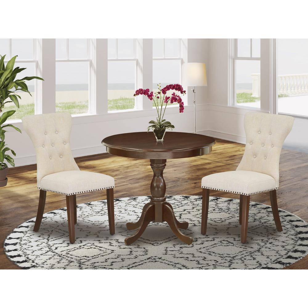 AMGA3-MAH-32 3 Piece Dining Set - 1 Mid Century Dining Table and 2 Light Beige Dining Chairs - Mahogany Finish. Picture 1