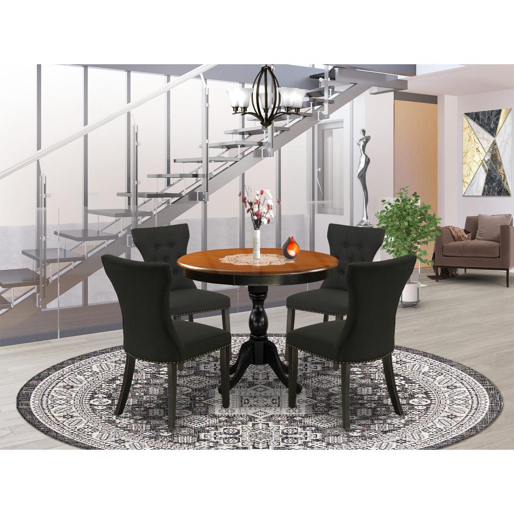 East West Furniture 5-Piece Dinette Set Consists of a Modern Dining Table and 4 Black Linen Fabric Upholstered Dining Chairs with Button Tufted Back - Black Finish. Picture 1