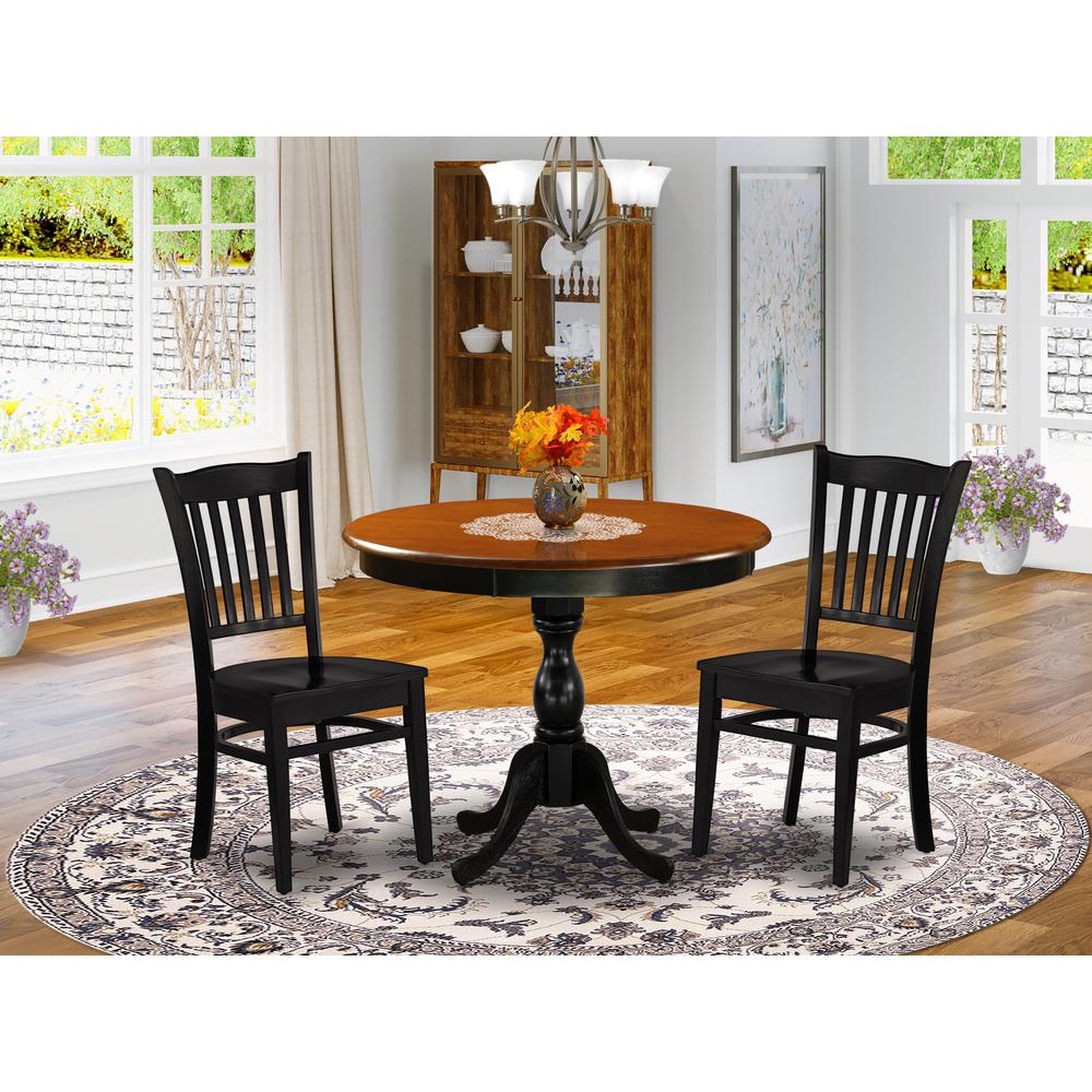 East West Furniture 3-Pc Kitchen Table Set Contains a Mid Century Dining Table and 2 Dining Room Chairs with Slatted Back - Black Finish. Picture 2