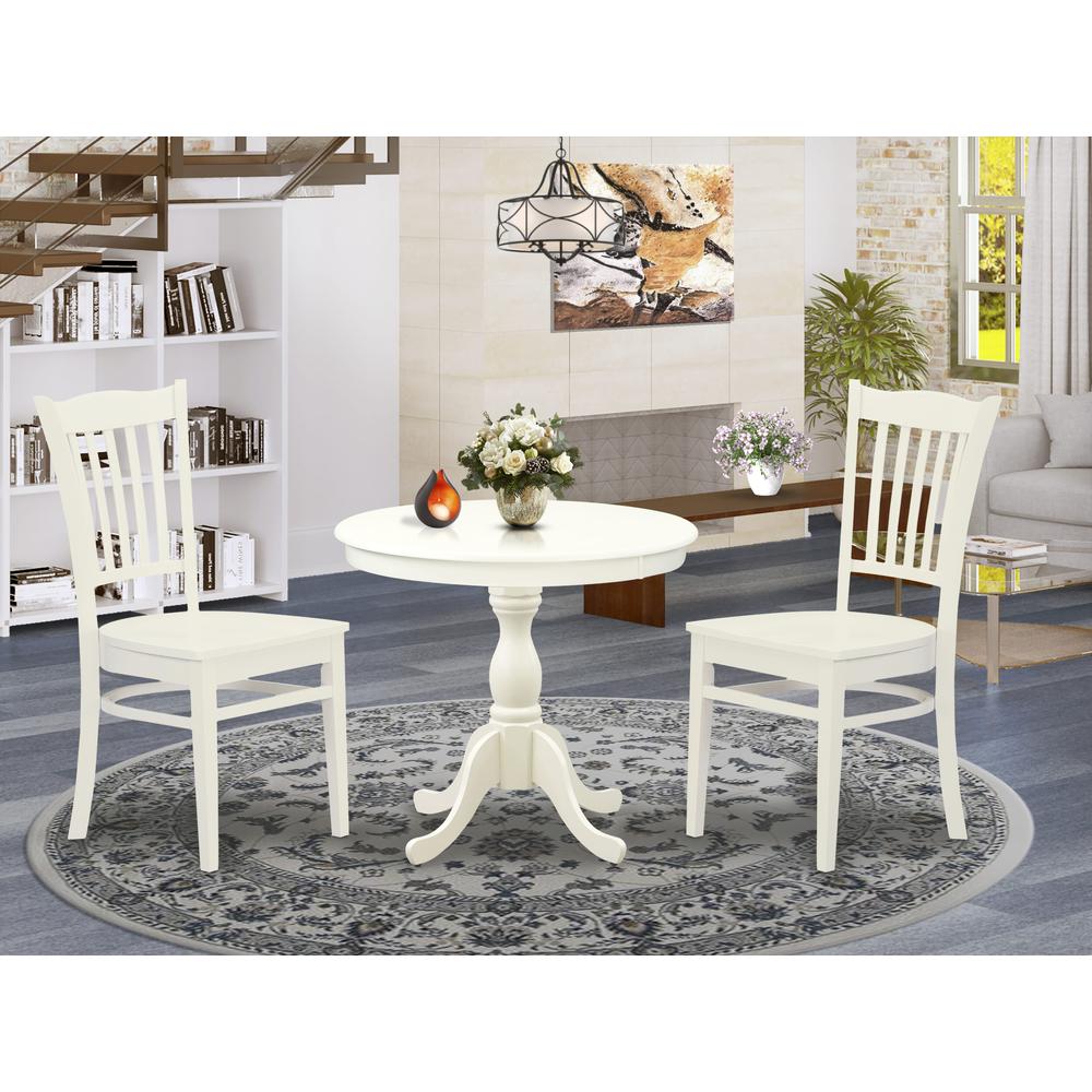 AMGR3-LWH-W 3 Pc Wooden Dining Table Set - 1 Dining Table and 2 Linen White Kitchen Chair - Linen White Finish. Picture 1