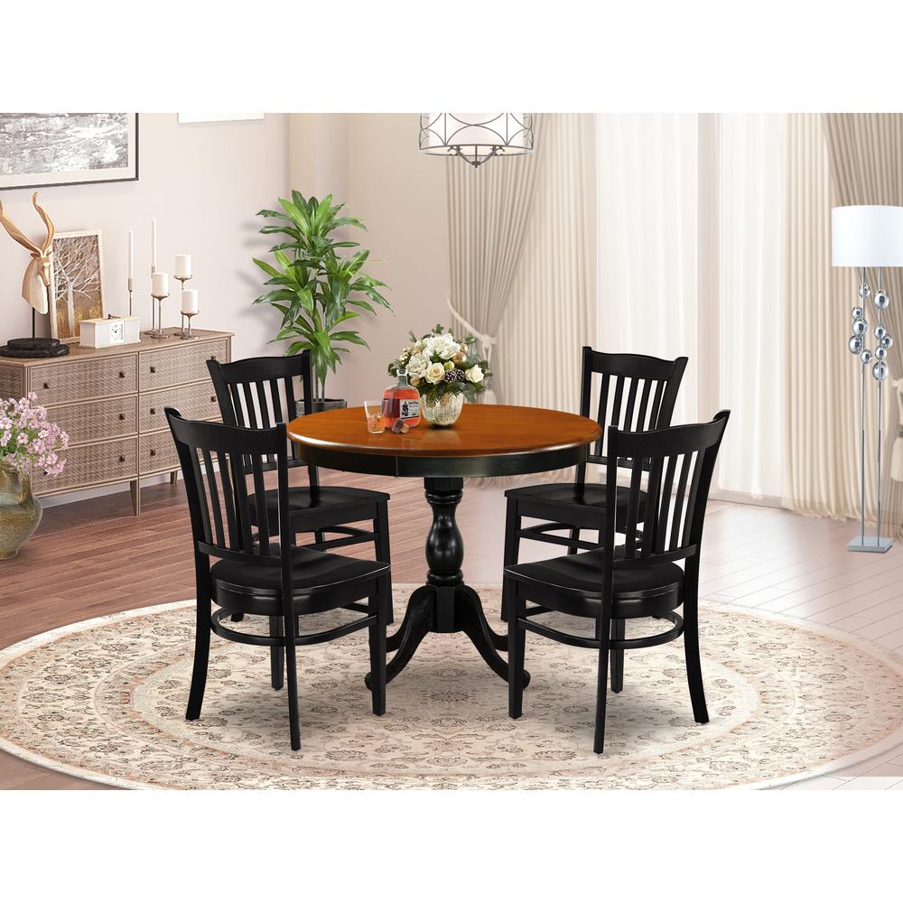 East West Furniture 5-Piece Modern Dining Table Set Contains a Wooden Kitchen Table and 4 Kitchen Chairs with Slatted Back - Black Finish. Picture 2