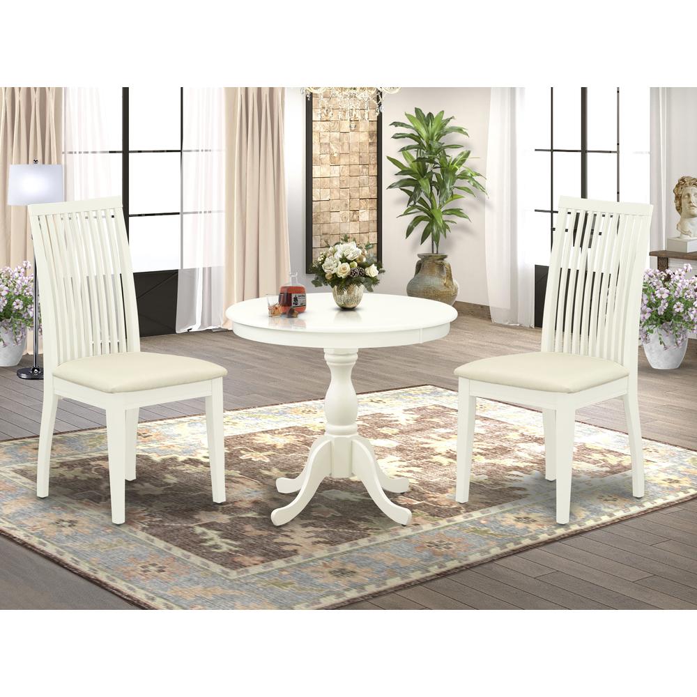 AMIP3-LWH-C 3 Piece Dining Table Set - 1 Dinner Table and 2 Linen White Kitchen Chairs - Linen White Finish. Picture 1