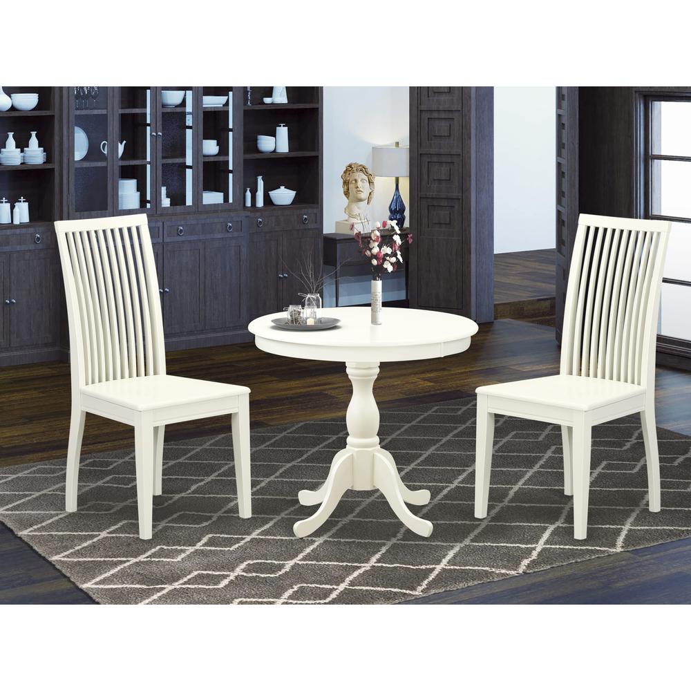 AMIP3-LWH-W 3 Piece Dining Room Set - 1 Wood Table and 2 Linen White Wood Dining Chairs - Linen White Finish. Picture 1