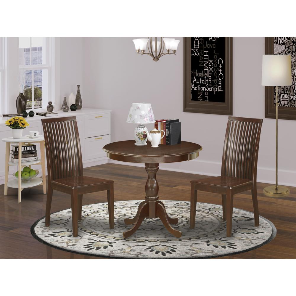 AMIP3-MAH-W 3 Piece Dining Table Set - 1 Pedestal Table and 2 Mahogany Dining Chairs - Mahogany Finish. Picture 1