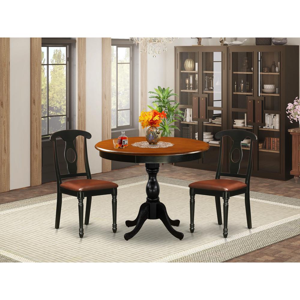 East West Furniture 3-Piece Table Set Contains a Dinner Table and 2 Faux Leather Mid Century Chairs with Napoleon Back - Black Finish. Picture 1