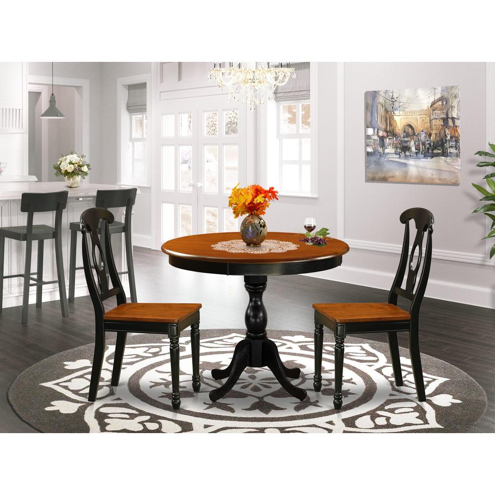 East West Furniture 3-Piece Dining Table Set Include a Dinner Table and 2 Dinning Chairs with Napoleon Back - Black Finish. Picture 1