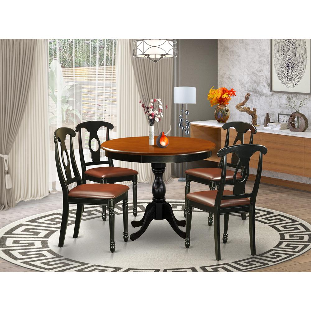 East West Furniture 5-Piece Dining Set Include a Dining Table and 4 Faux Leather Kitchen Chairs with Napoleon Back- Black Finish. Picture 1