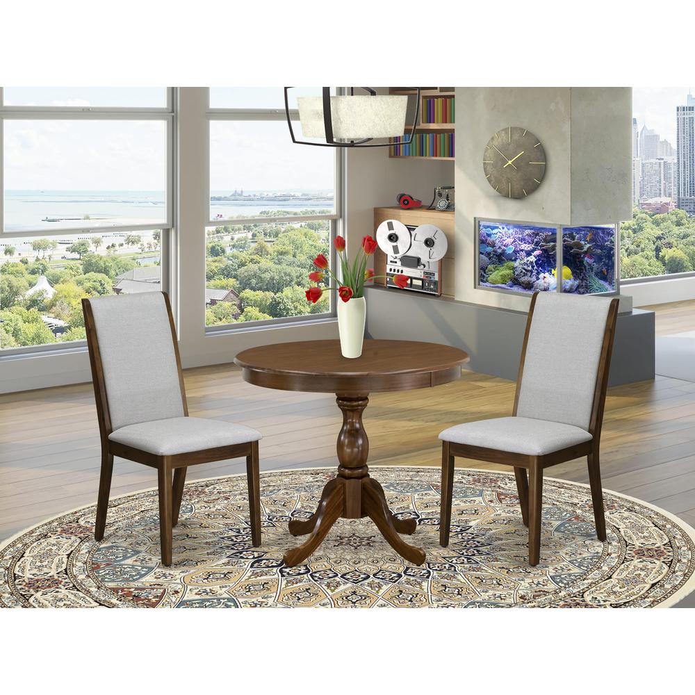 East West Furniture 3 Piece DINETTE SET Contains 1 Wood Dining Table and 2 Grey Linen Fabric Parsons Chair with High Back - Acacia Walnut Finish. Picture 1