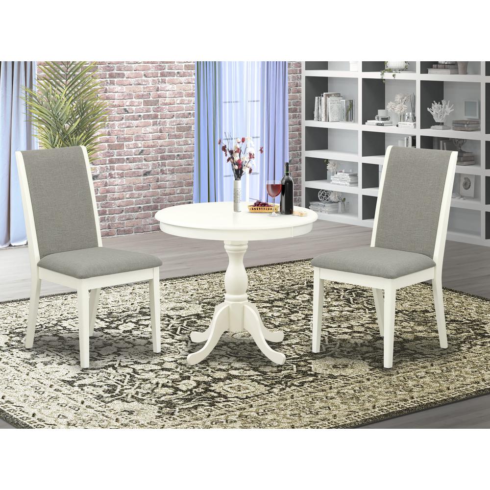 AMLA3-LWH-06 3 Pc Dining Table Set - 1 Wooden Dining Table and 2 Shitake Kitchen Chairs - Linen White Finish. Picture 1