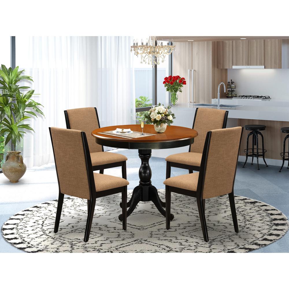 East West Furniture 5-Piece Dinning Room Set Contains a Round Dining Table and 4 Light Sable Linen Fabric Upholstered Dining Chairs with High Back - Black Finish. Picture 1