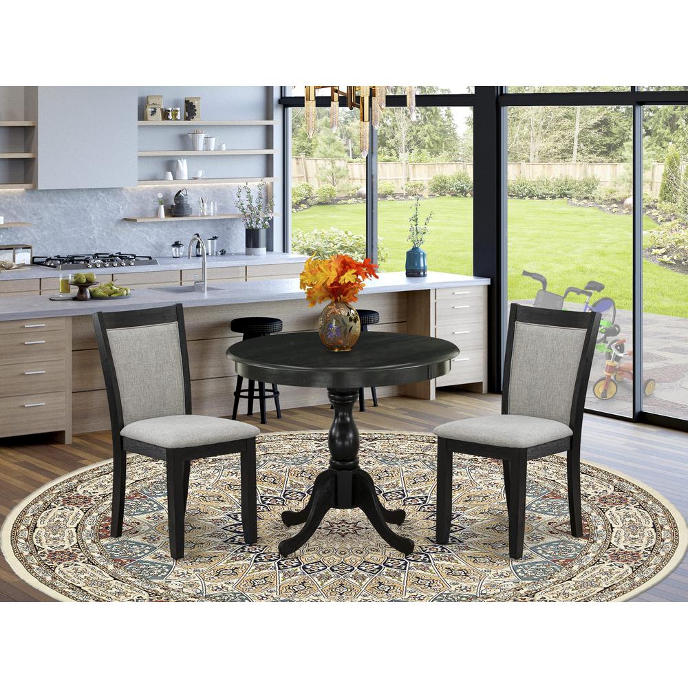 East West Furniture 3-Pc Dining Room Table Set Consists of a Wood Table and 2 Shitake Linen Fabric Parson Dining Chairs - Wire Brushed Black Finish. Picture 1
