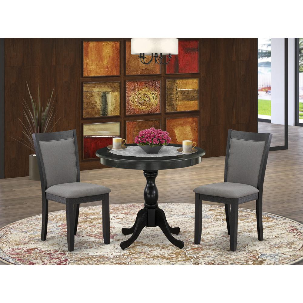 East West Furniture 3-Piece Dining Set Consists of a Round Pedestal Table with Drop Leaves and 2 Dark Gotham Grey Linen Fabric Dining Chairs - Wire Brushed Black Finish. Picture 1