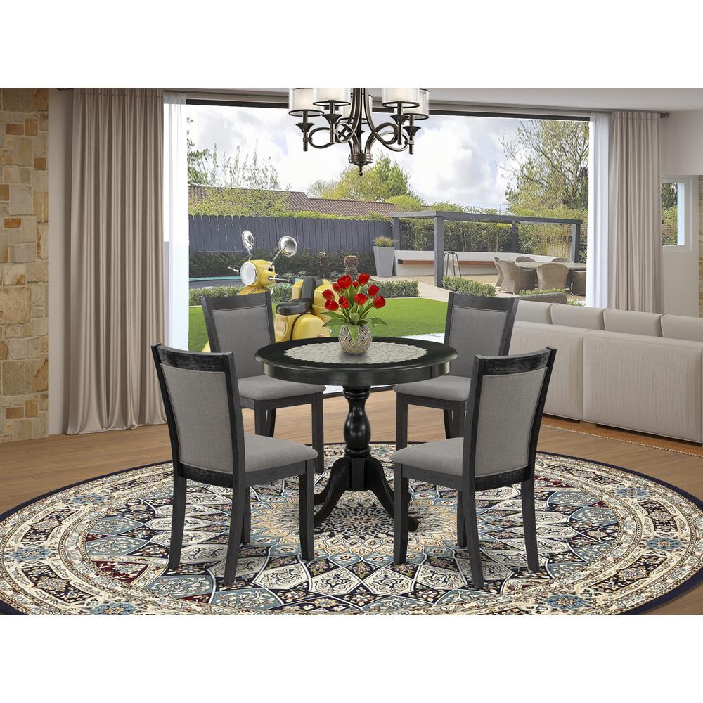 East West Furniture 5-Piece Dining Room Table Set Contains a Modern Dining Room Table and 4 Baby Blue Linen Fabric Dining Chairs - Wire Brushed Black Finish. Picture 1