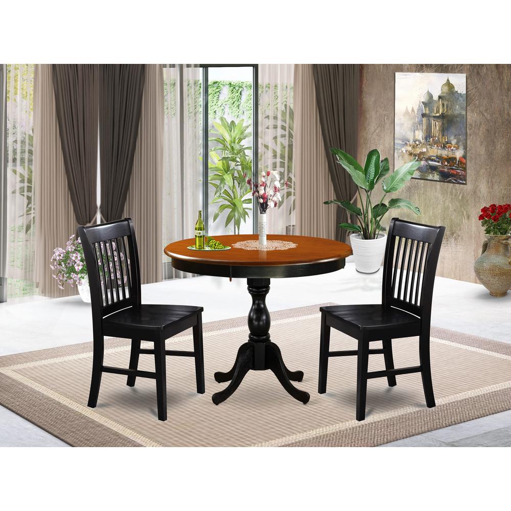 East West Furniture 3-Pc Round Table Set Contains a Modern Kitchen Table and 2 Wooden Dining Chairs with Slatted Back - Black Finish. Picture 2