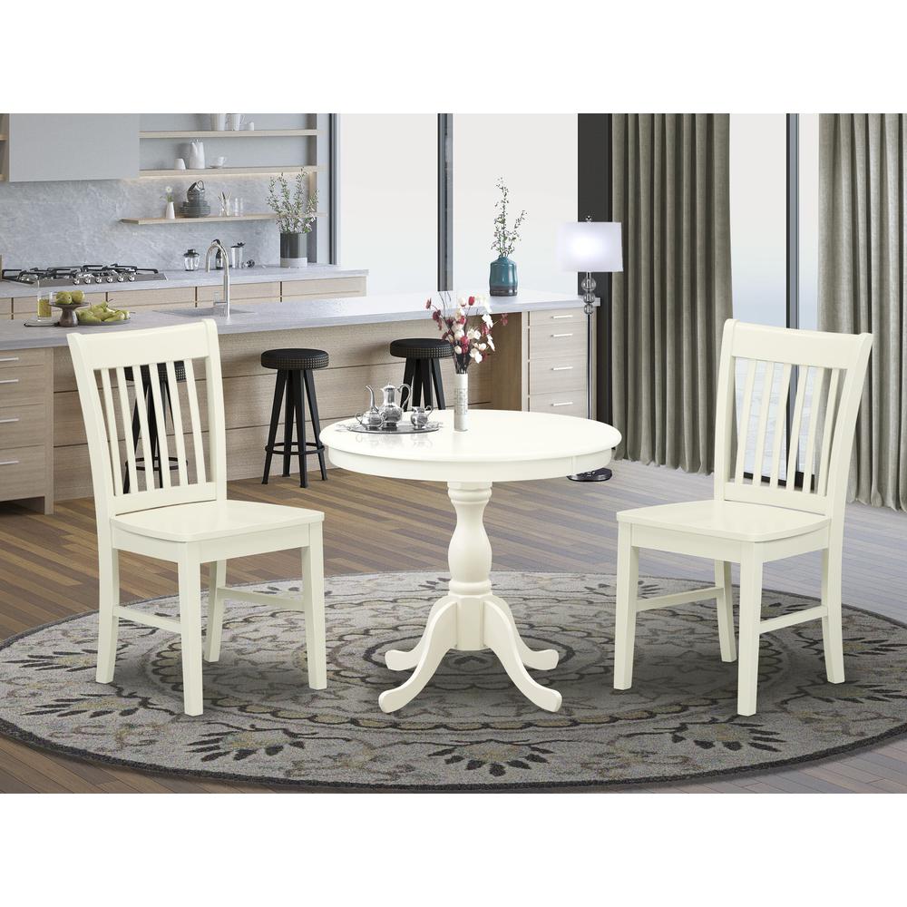 East West Furniture 3 Piece Dining Room Table Set Includes 1 Wood Dining Table and 2 Linen White Kitchen Chairs with Slatted Back - Linen White Finish. Picture 1
