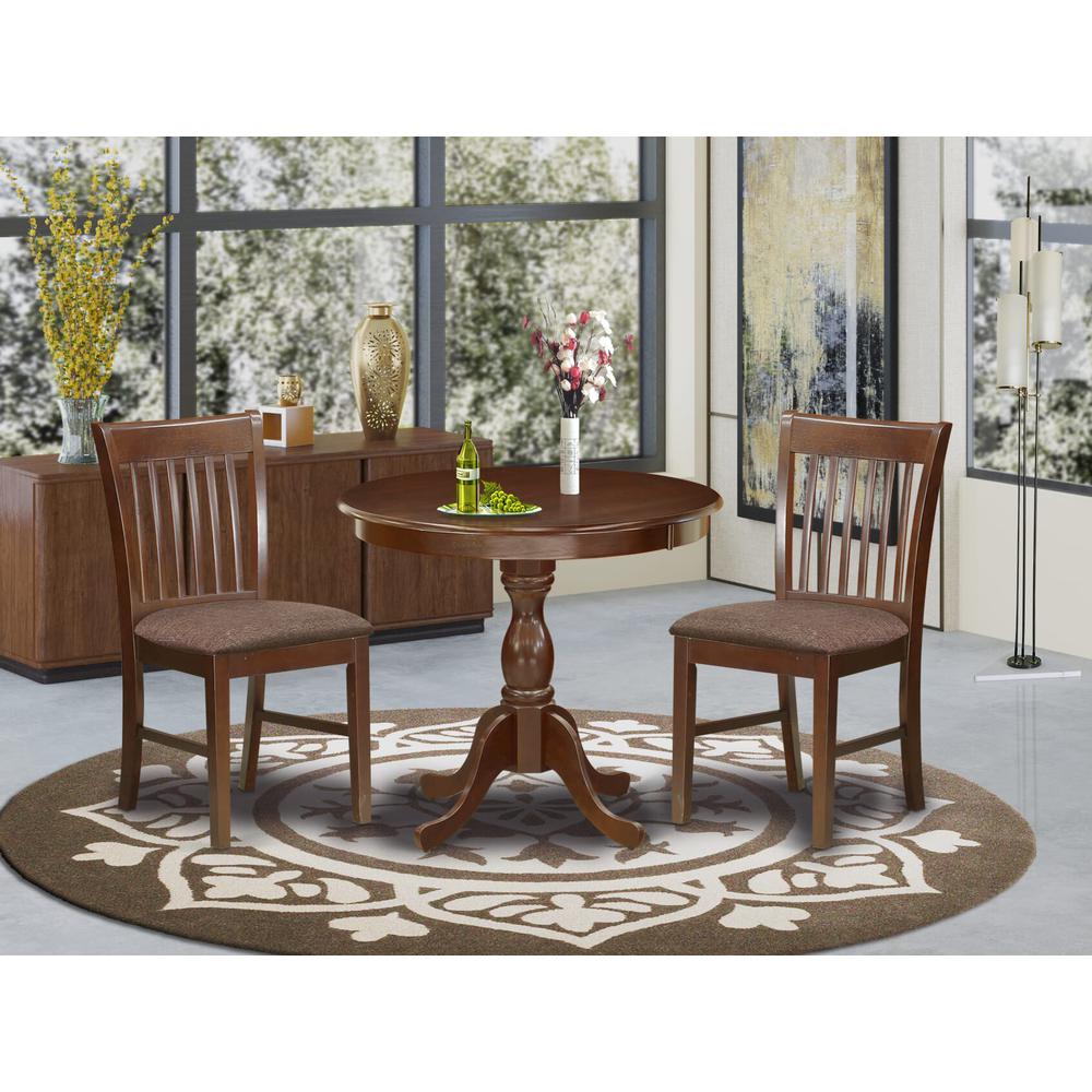 AMNF3-MAH-C 3 Piece Dining Table Set - 1 Round Pedestal Table and 2 Mahogany Dining Chairs - Mahogany Finish. Picture 1