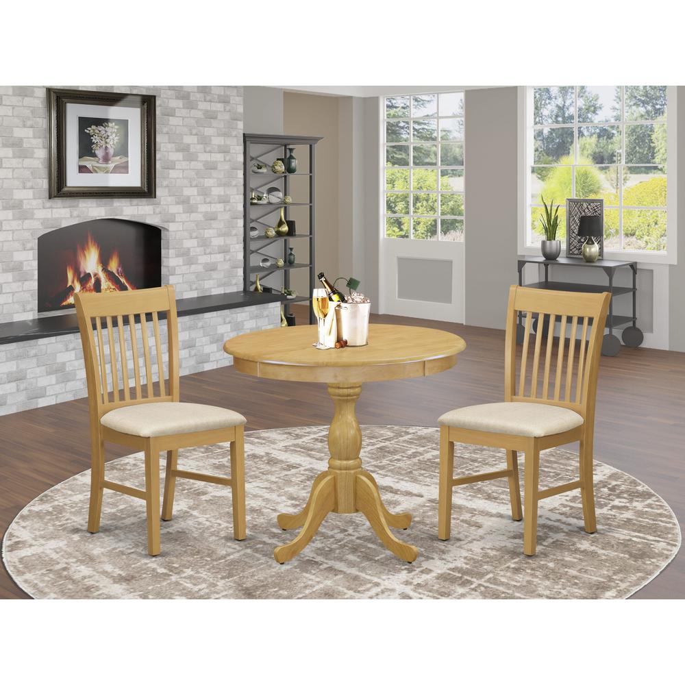 East West Furniture 3 Piece Dining Room Set Consists of 1 Wooden Dining Table and 2 Oak Linen Fabric Dining Room Chairs with Slatted Back - Oak Finish. Picture 1