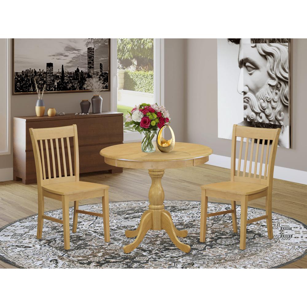 AMNF3-OAK-W 3 Pc Dining Room Table Set - 1 Modern Dining Room Table and 2 Oak Dining Chairs - Oak Finish. Picture 1
