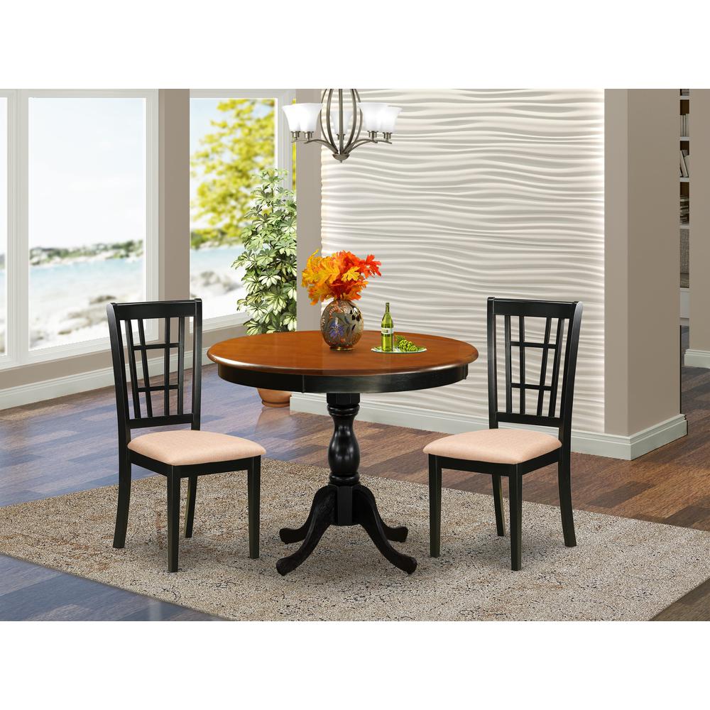 East West Furniture 3-Pc Dinning Table Set Consists of a Modern Kitchen Table and 2 Linen Fabric Mid Century Chairs with Slatted Back - Black Finish. Picture 1