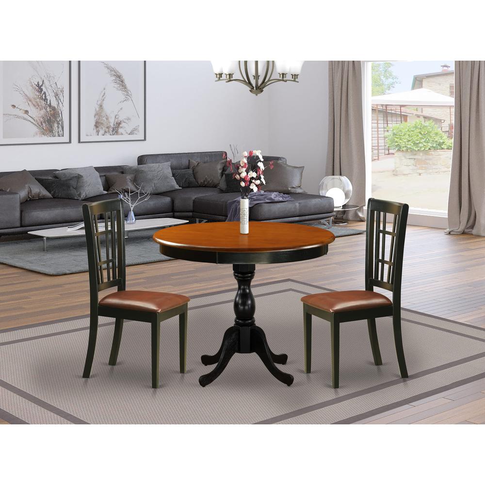 East West Furniture 3-Piece Dinner Table Set Contains a Dining Table and 2 Faux Leather Kitchen Chairs with Slatted Back- Black Finish. Picture 2