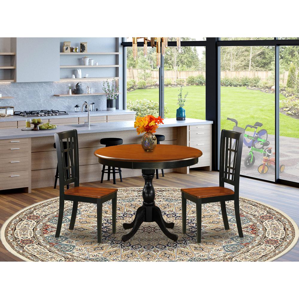 East West Furniture 3-Piece Modern Dining Table Set Contains a Dining Room Table and 2 Dining Chairs with Slatted Back - Black Finish. Picture 2