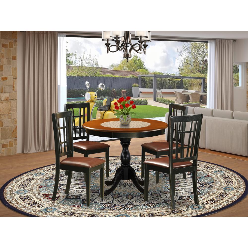 East West Furniture 5-Piece Dinette Set consisting of a Wood Table and 4 Faux Leather Dinner Chairs with Slatted Back- Black Finish. Picture 1