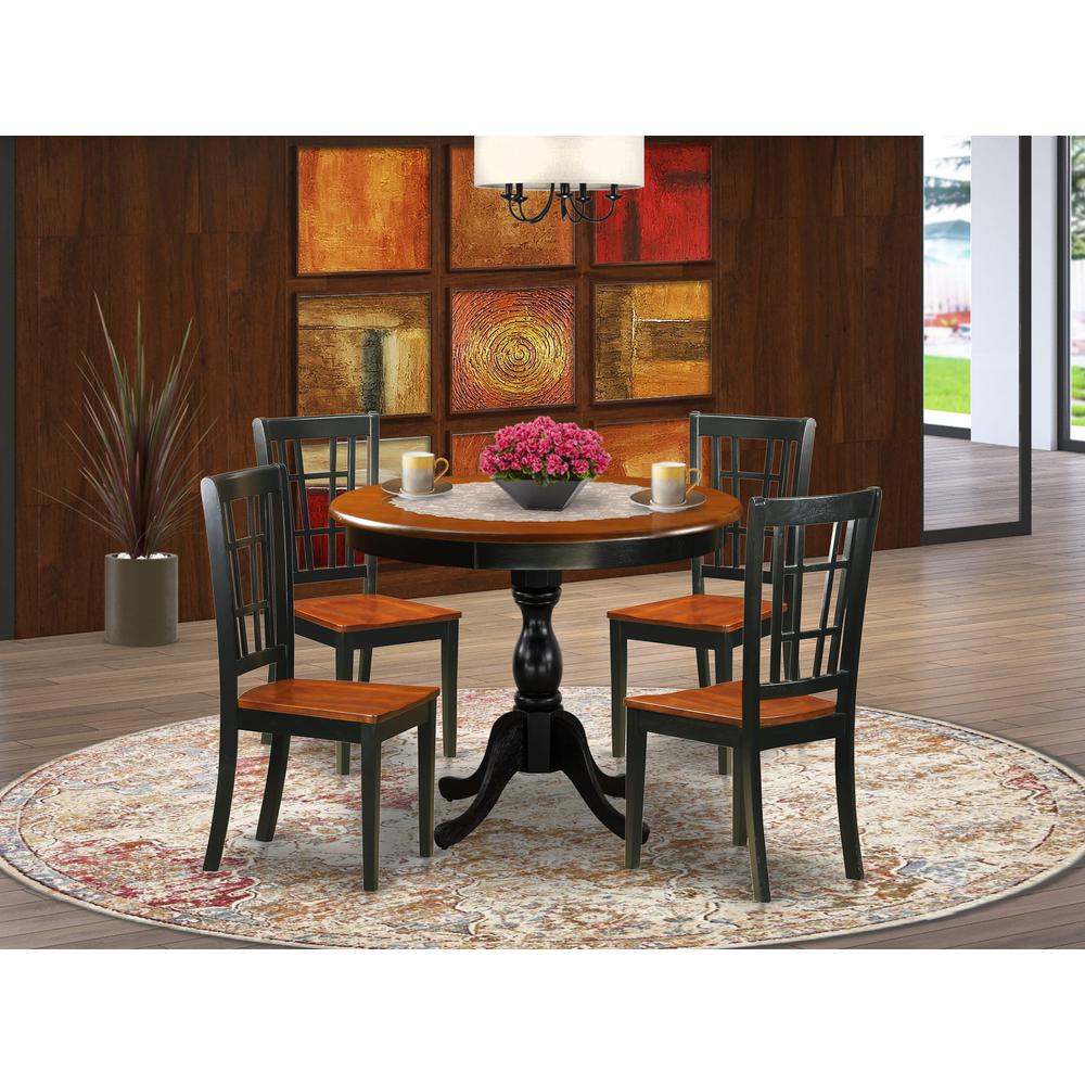 East West Furniture 5-Piece Dining Room Set Include a Wood Table and 4 Dining Chairs with Slatted Back - Black Finish. Picture 1