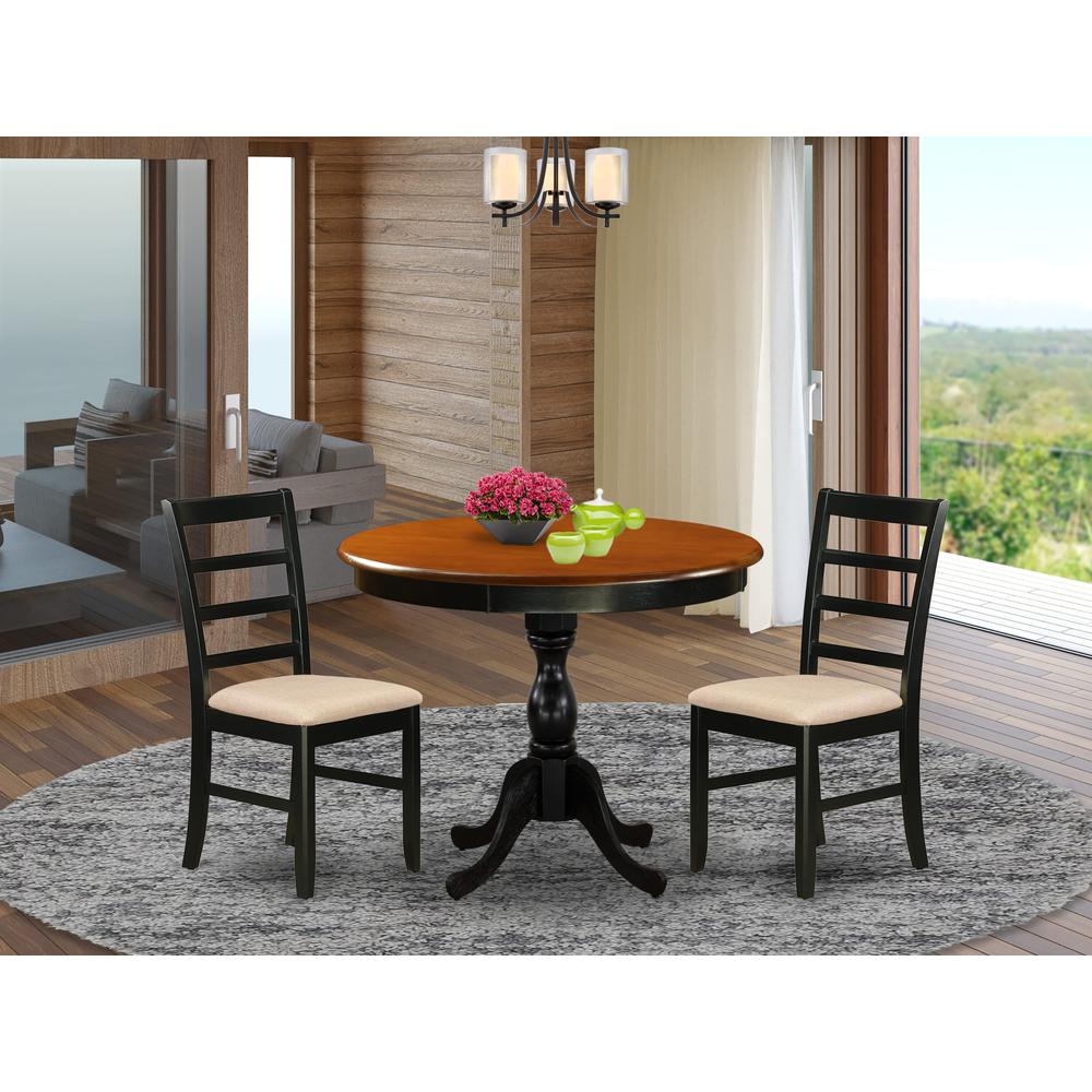East West Furniture 3-Pc Modern Dining Table Set Includes a Round Kitchen Table and 2 Linen Fabric Dining Room Chairs with Ladder Back - Black Finish. Picture 2
