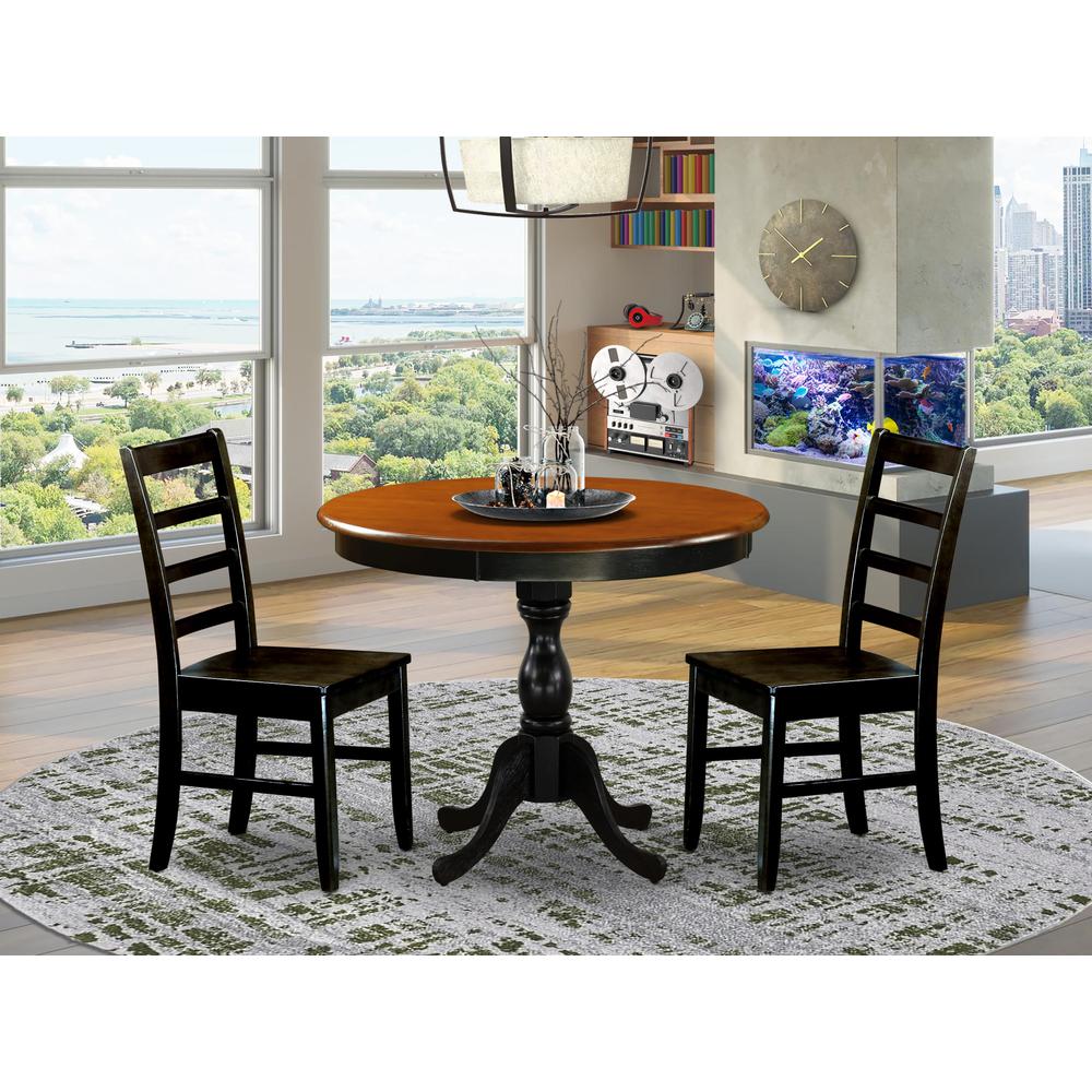 East West Furniture 3-Piece Mid Century Modern Dining Set Include a Wooden Table and 2 Modern Dining Chairs with Ladder Back - Black Finish. Picture 2