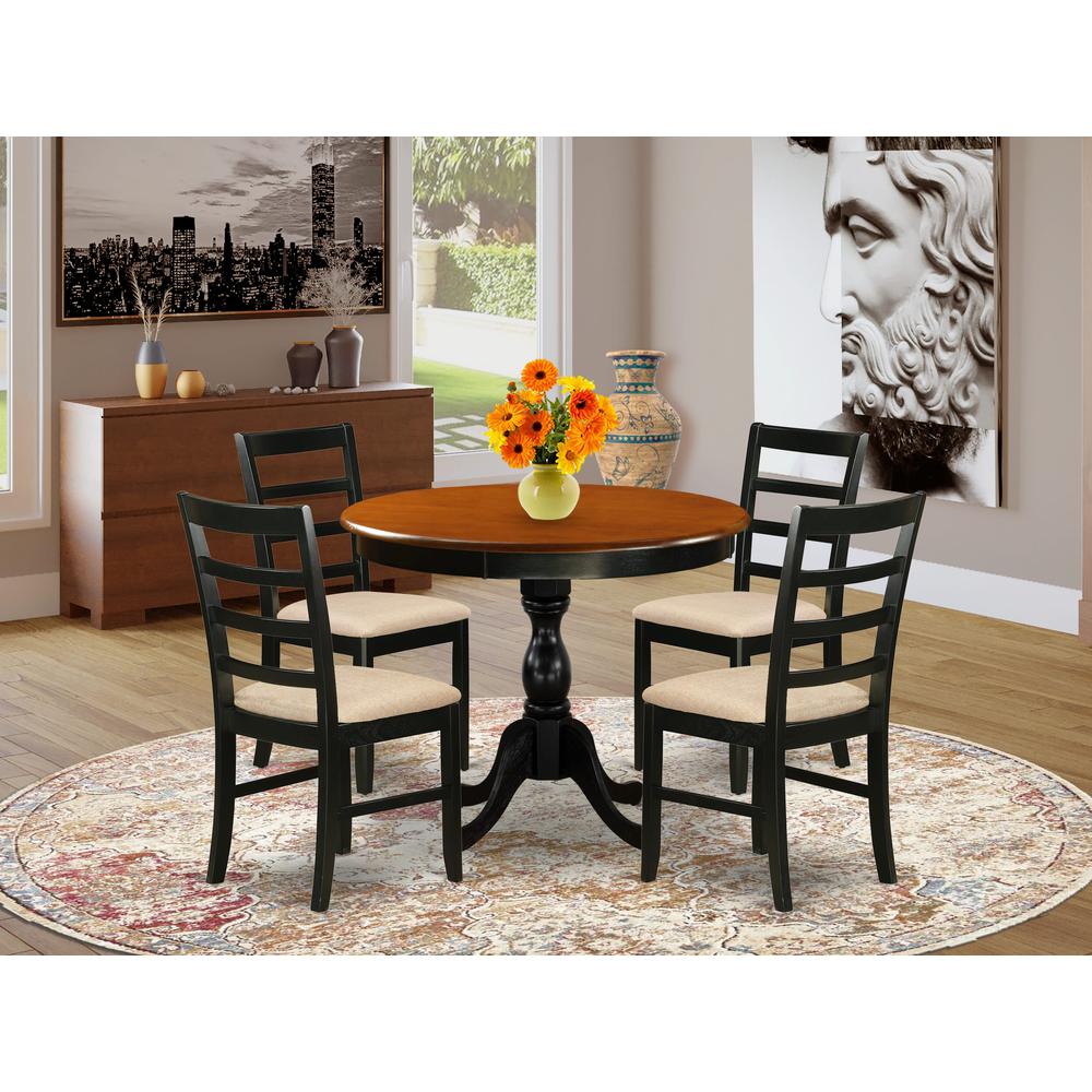 East West Furniture 5-Piece Table Set Consists of a Wood Kitchen Table and 4 Linen Fabric Mid Century Dining Chairs with Ladder Back - Black Finish. Picture 2