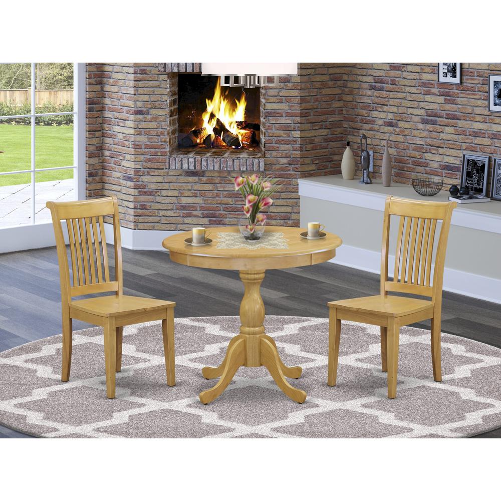 East West Furniture 3 Piece Dinette Set Includes 1 Wood Dining Table and 2 Oak Wood Dining Chairs with Slatted Back - Oak Finish. Picture 1