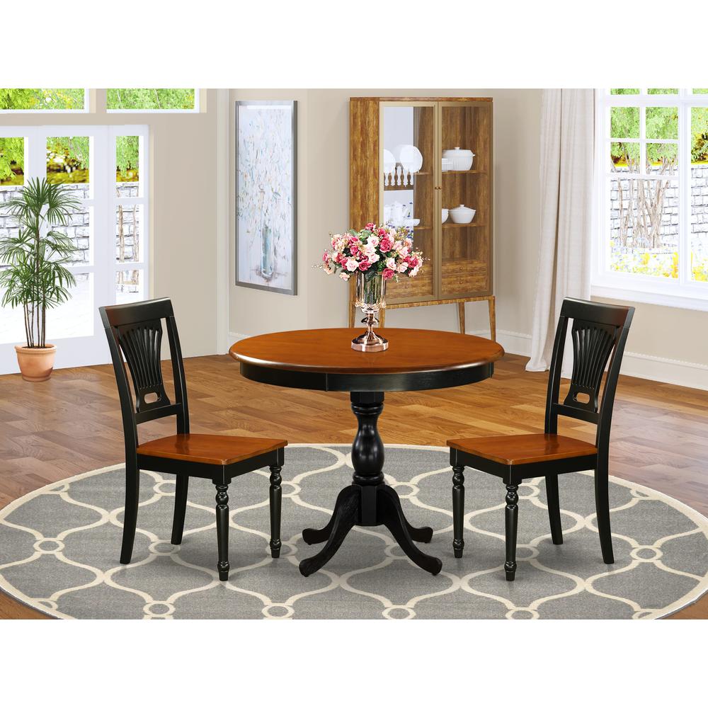 East West Furniture 3-Piece Mid Century Dining Set Contains a Wooden Table and 2 Dinner Chairs with Slatted Back - Black Finish. Picture 2