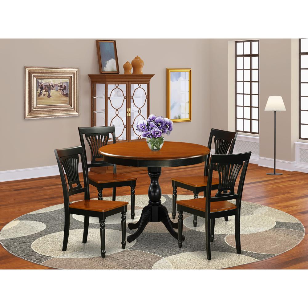 East West Furniture 5-Piece Dinette Set Consist of Wood Dining Table and 4 Dining Room Chairs with Slatted Back - Black Finish. Picture 2