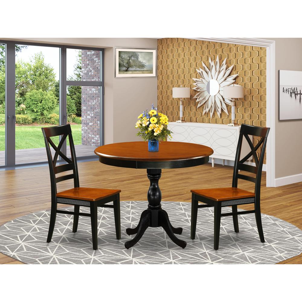 East West Furniture 3-Piece Dining Set Contains a Modern Dining Table and 2 Dining Chairs with X Back - Black Finish. Picture 2