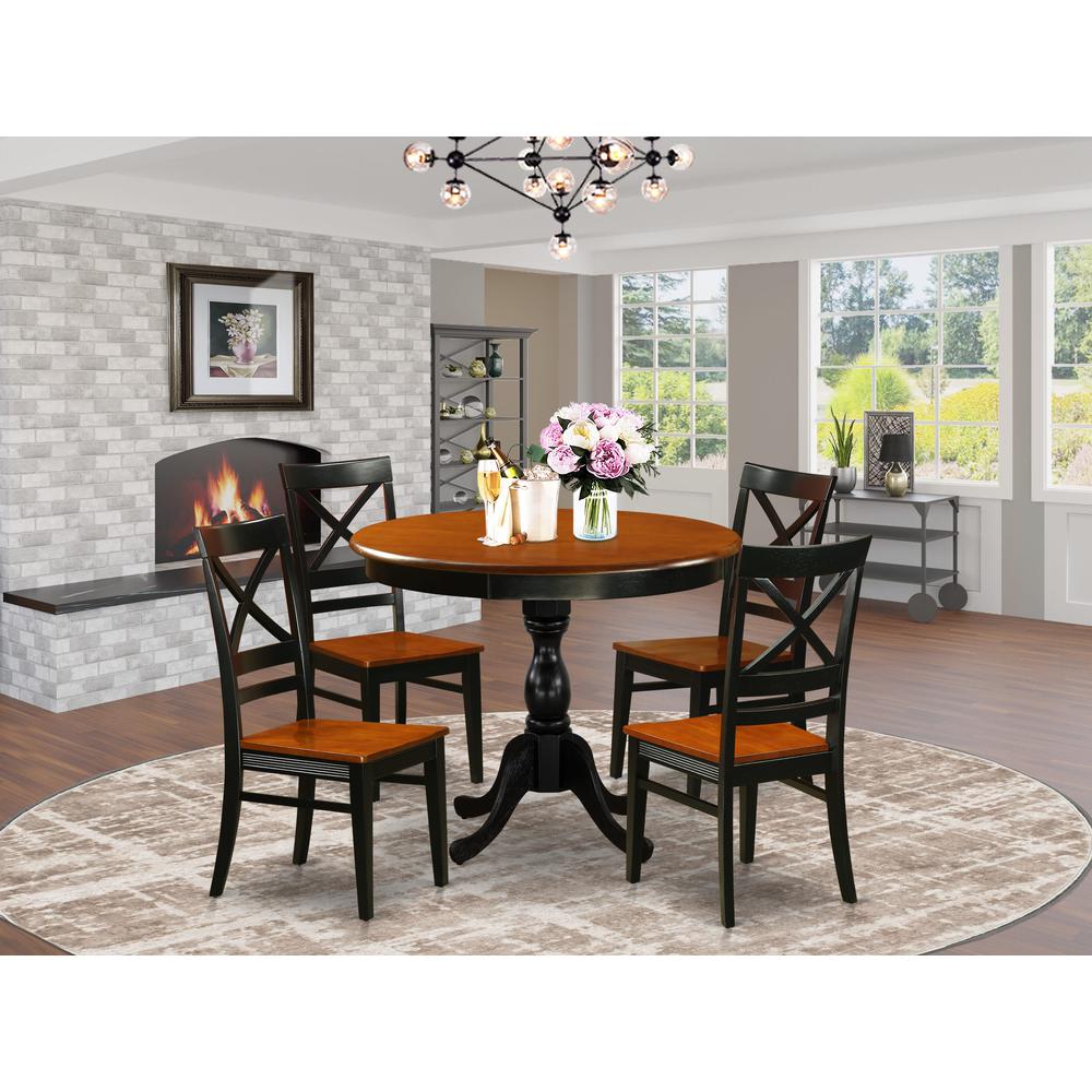 East West Furniture 5-Piece Kitchen Table Set Contains a Kitchen Table and 4 Wooden Chairs with X Back - Black Finish. Picture 2