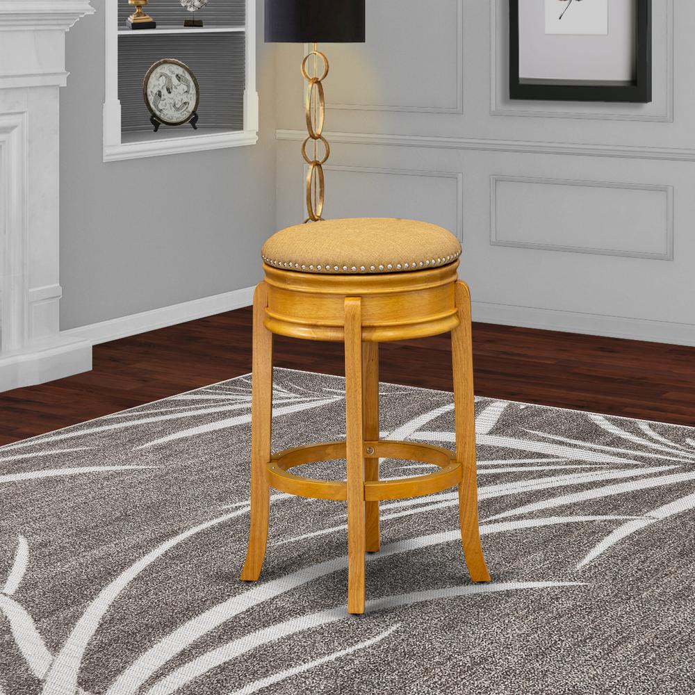 AMS030-416 Amazing Counter Height Bar Stool- Counter Height Bar Stool with Round Shape - Vegas Gold PU leather Seat and 4 Solid Wood Curved Legs - Upholstered Bar Stool in Oak Finish. Picture 1