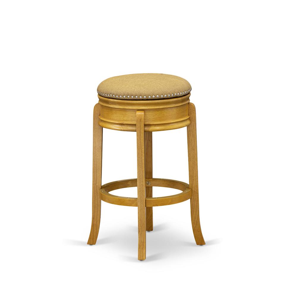 AMS030-416 Amazing Counter Height Bar Stool- Counter Height Bar Stool with Round Shape - Vegas Gold PU leather Seat and 4 Solid Wood Curved Legs - Upholstered Bar Stool in Oak Finish. Picture 4