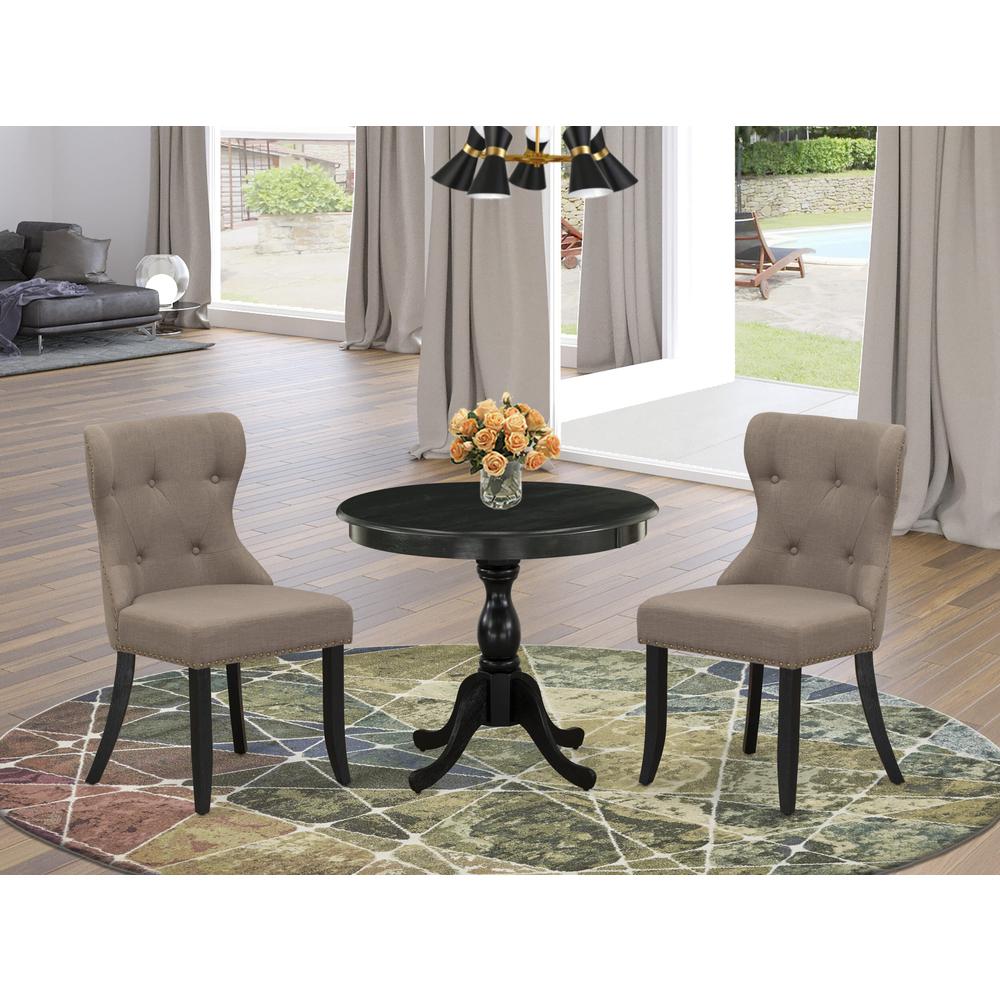 East West Furniture 3 Piece Dining Table Set Contains 1 Dining Room Table and 2 Coffee Linen Fabric Dining Chairs Button Tufted Back with Nail Heads - Wire Brushed Black Finish. Picture 1