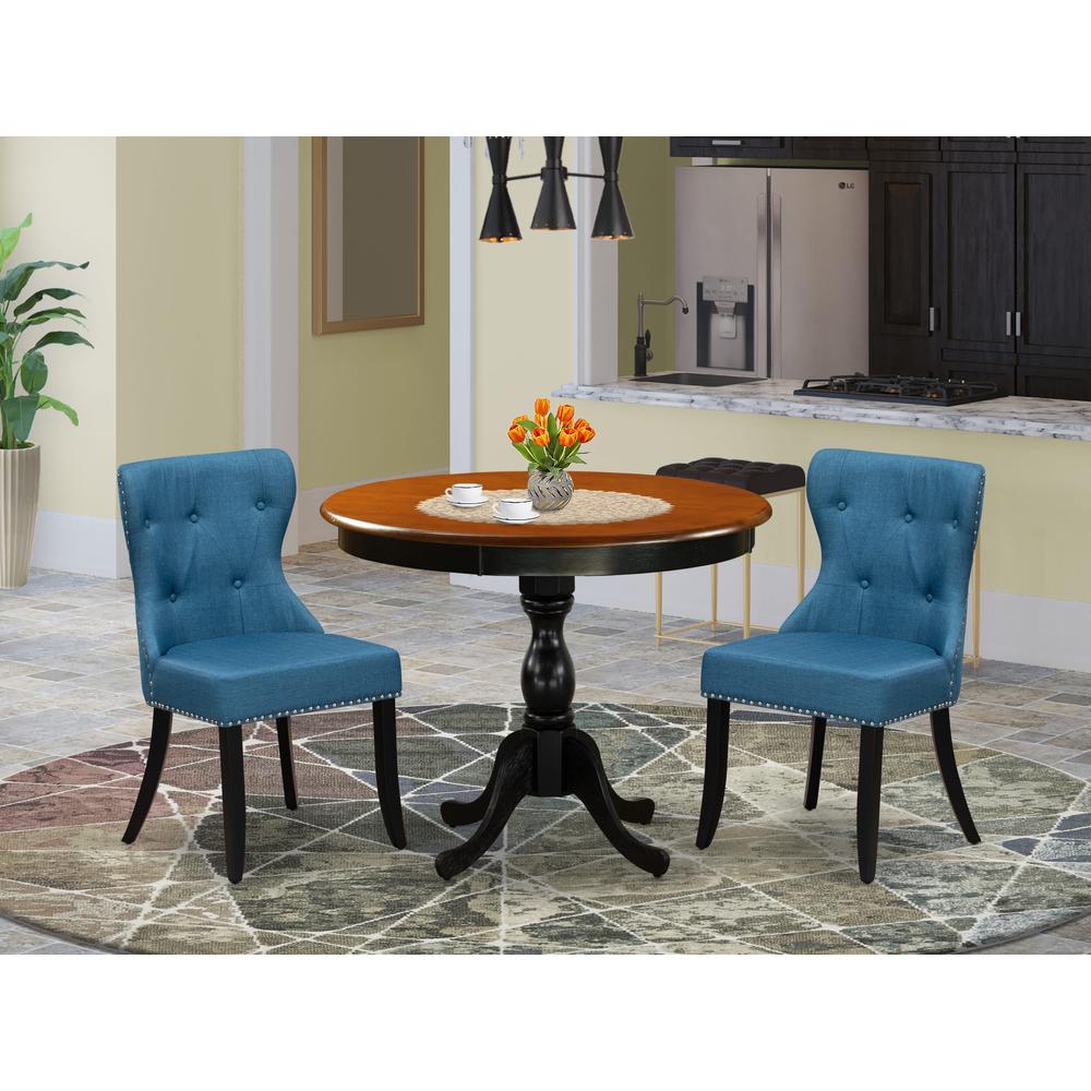 East West Furniture 3-Pc Dining Table Set Contains a Wood Dining Table and 2 Blue Linen Fabric Mid Century Modern Chairs with Button Tufted Back - Black Finish. Picture 1