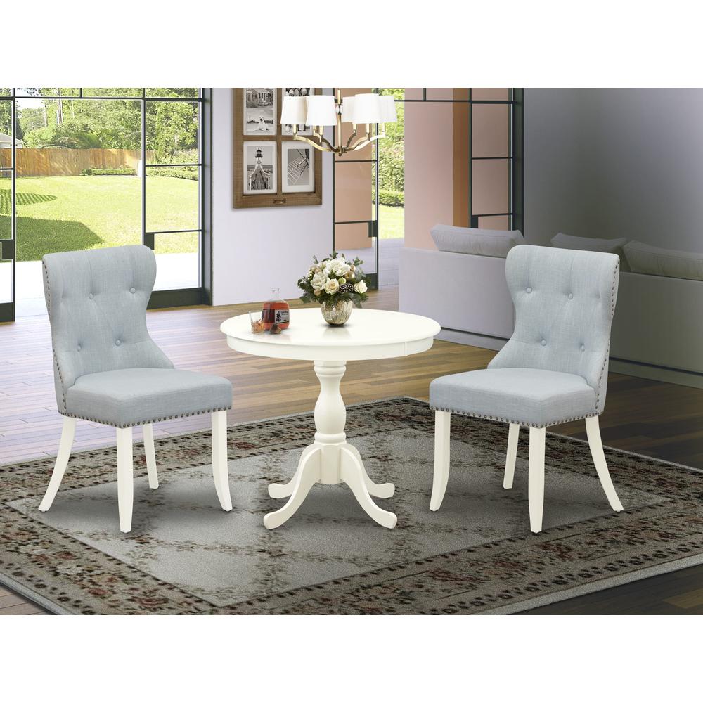 AMSI3-LWH-15 3 Piece Dining Table Set - 1 Pedestal Table and 2 Baby Blue parson chairs - Linen White Finish. Picture 1