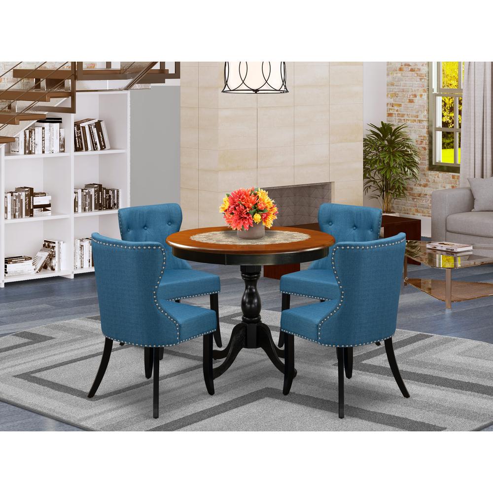 East West Furniture 5-Piece Dining Table Set Contains a Mid Century Dining Table and 4 Blue Linen Fabric Midcentury Modern Dining Chairs with Button Tufted Back - Black Finish. Picture 1