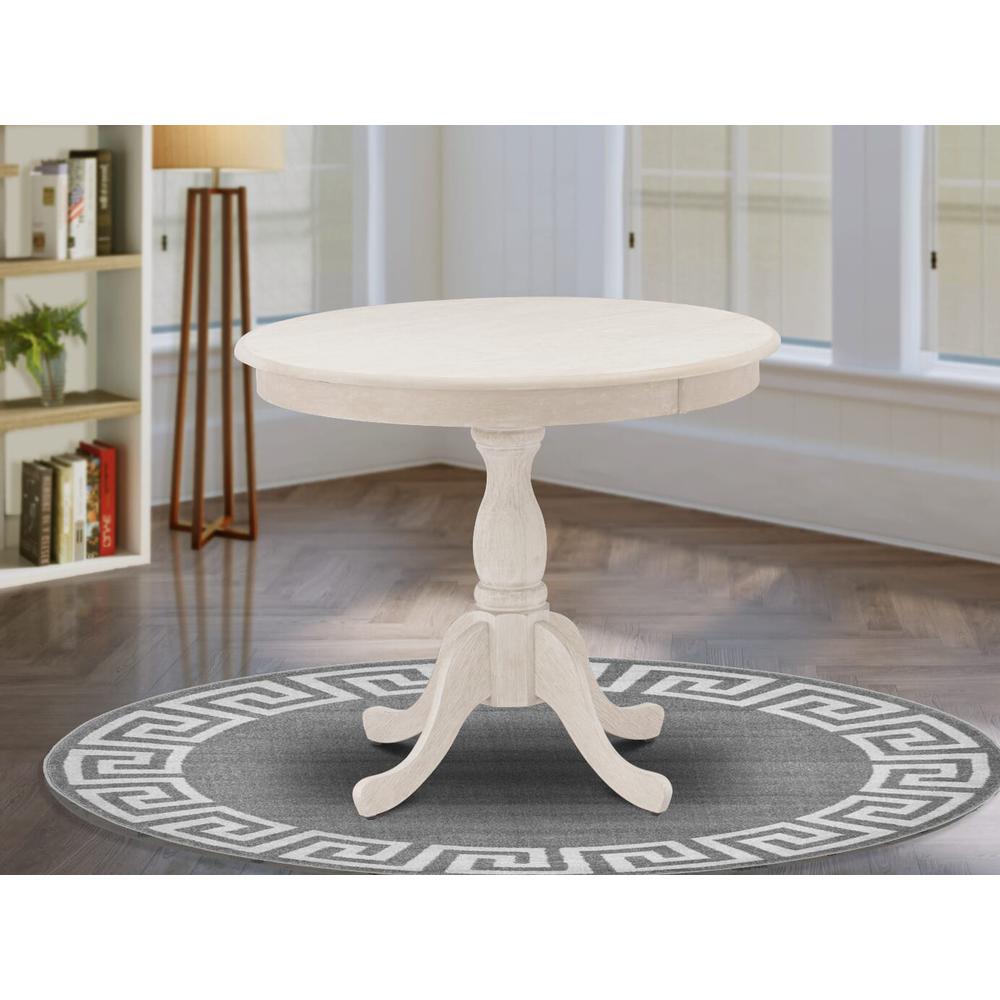 East West Furniture 1-Piece Round Dining Table with Round Wire Brush Butter Cream Table top and Wire Brush Butter Cream Pedestal Leg Finish. Picture 1