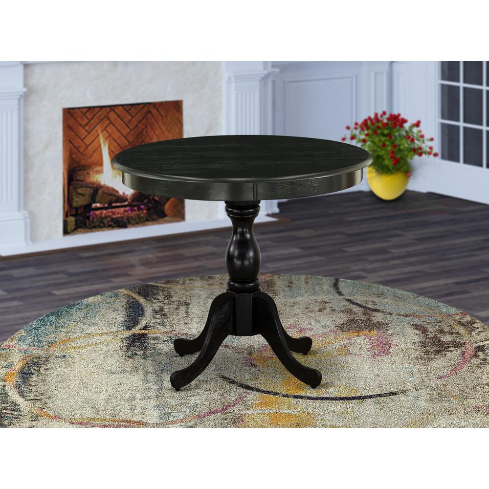 East West Furniture 1-Piece Modern Table with Round Wire Brushed Black Table top and Wire Brushed Black Pedestal Leg Finish. Picture 1