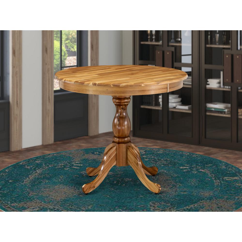 Round Dining Table Natural Acacia Color Table Top Surface and Asian Wood Round Table Pedestal Legs -Natural Acacia Finish. Picture 1