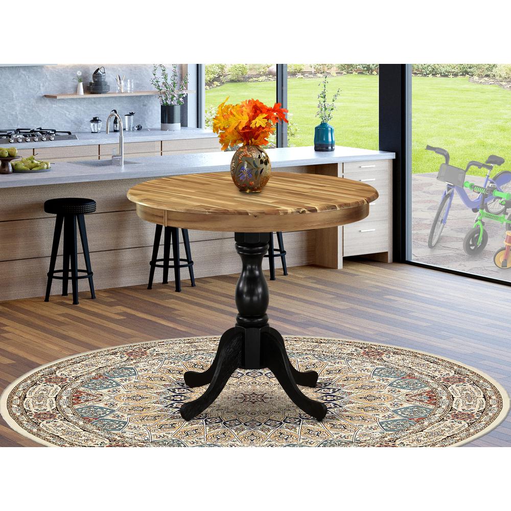 East West Furniture Antique 36" Round Dining Room Table for Compact Space - Natural Top & Black Pedestal. Picture 1