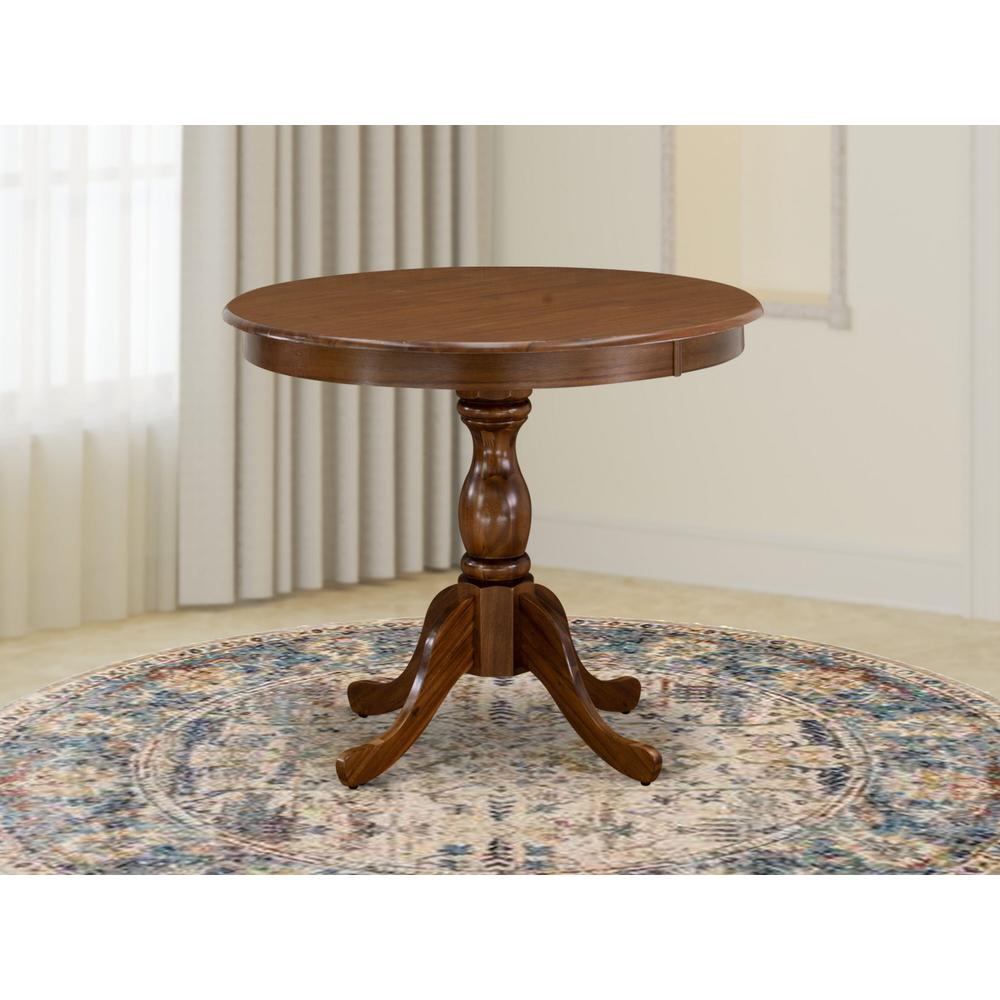 East West Furniture 1-Piece Modern Table with Round Walnut Table top and Walnut Pedestal Leg Finish. Picture 2