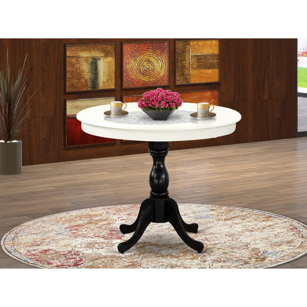 East West Furniture Antique 36" Round Kitchen Table for Small Space - Linen White Top & Black Pedestal. Picture 2