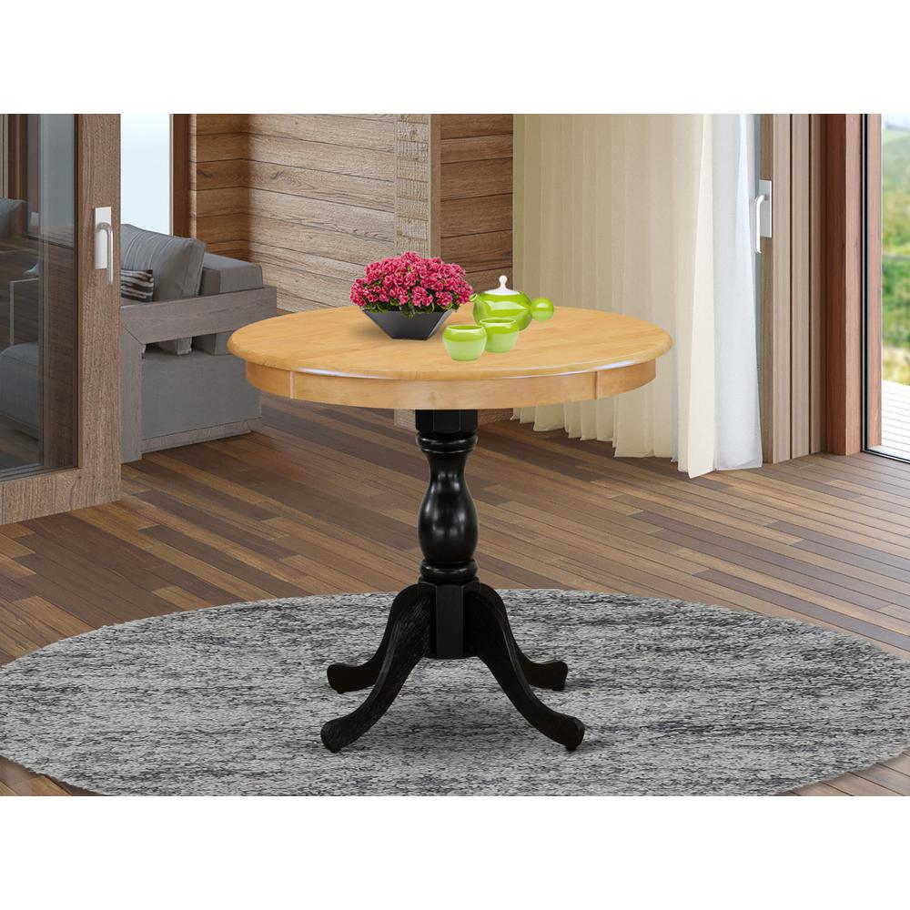 East West Furniture Antique 36" Round Dining Room Table for Small Space - Oak Top & Black Pedestal. Picture 1